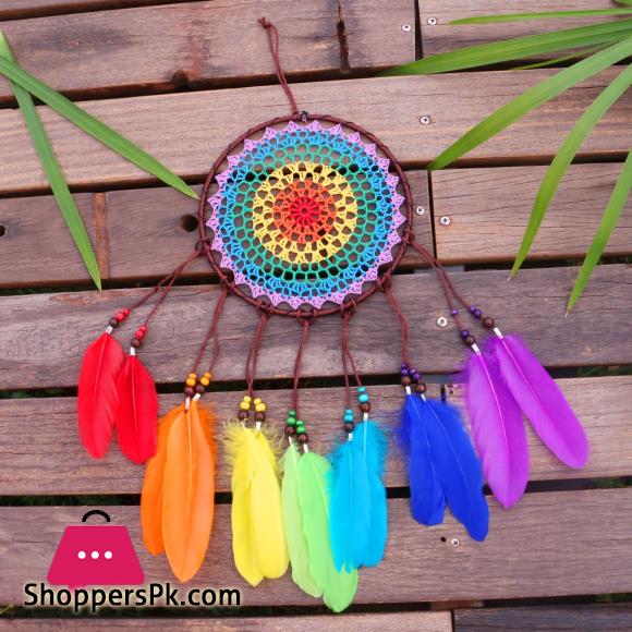 TAI Top Handmade Dream Catchers Rainbow Feather Large Circle Wind Chimes Wall Hanging Ornament Home Car Decor Craft Gifts