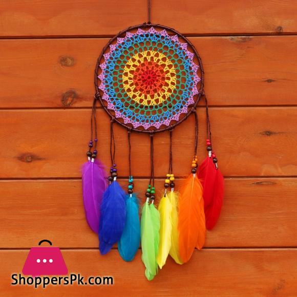 TAI Top Handmade Dream Catchers Rainbow Feather Large Circle Wind Chimes Wall Hanging Ornament Home Car Decor Craft Gifts