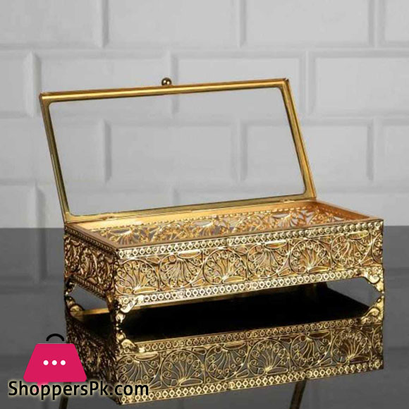 Vintage 1950s Ormolu gold trinket and jewelry box, filigree design, beveled glass, rectangle
