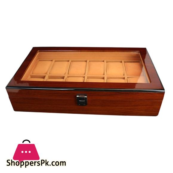 12 Slots Wooden Watch Box Display Case Glass Case Lock Storage Organizer