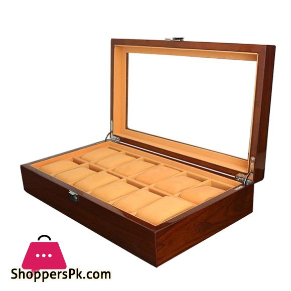12 Slots Wooden Watch Box Display Case Glass Case Lock Storage Organizer