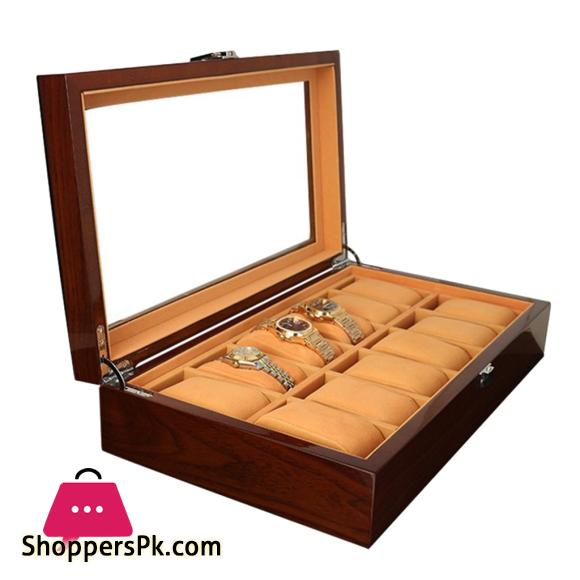 12 Slots Wooden Watch Box Display Case Glass Case Lock Storage Organizer