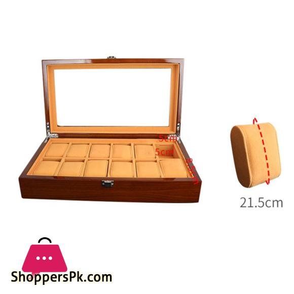 12 Slots Wooden Watch Box Display Case Glass Case Lock Storage Organizer