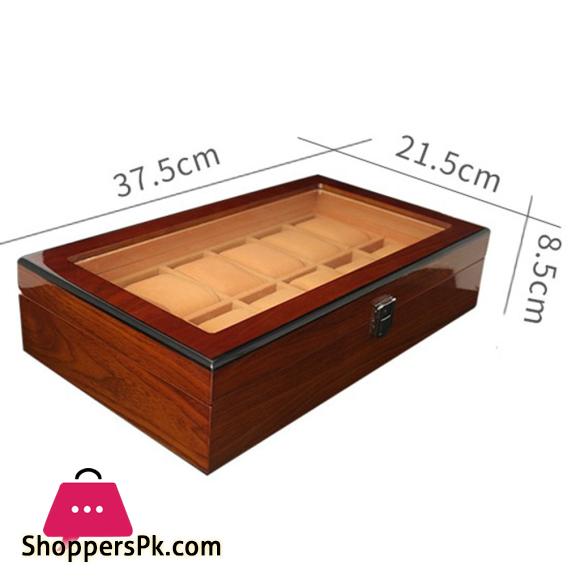 12 Slots Wooden Watch Box Display Case Glass Case Lock Storage Organizer