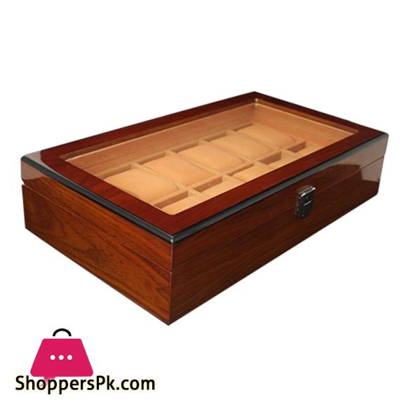 12 Slots Wooden Watch Box Display Case Glass Case Lock Storage Organizer