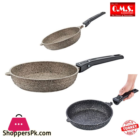 OMS Granite Marble Coating Frying Pan Set of 2 Pcs with Removable Handle Turkey Made - 3284