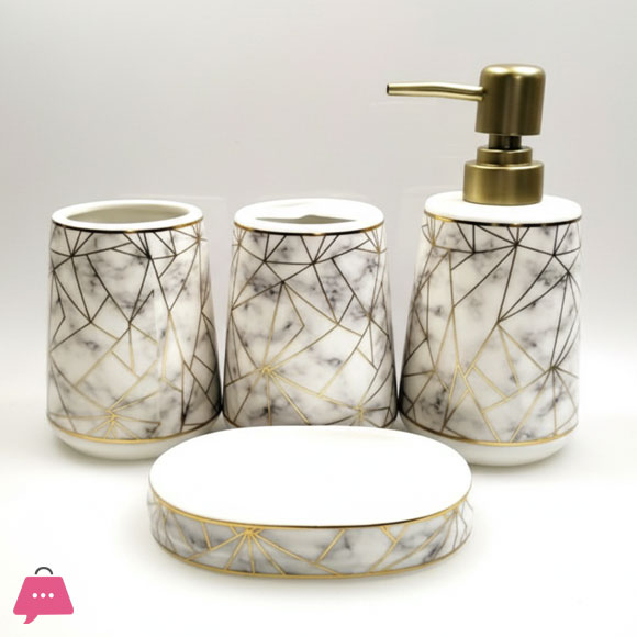 Ceramic Bathroom Accessories Set of 4, Geometric Design