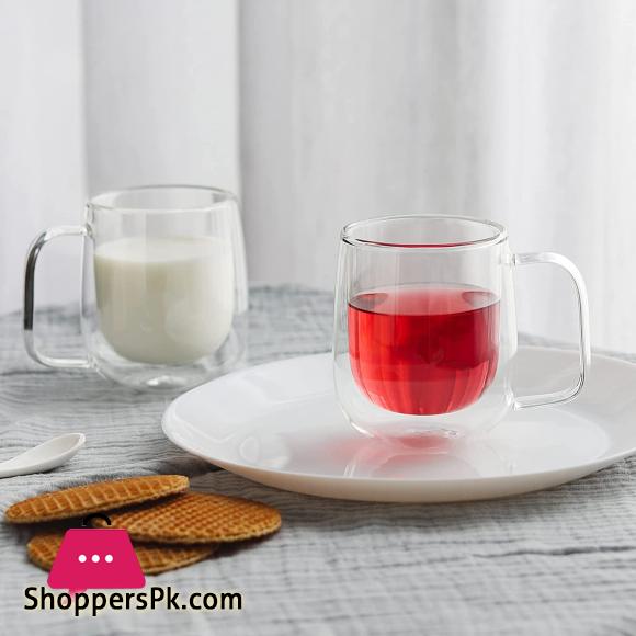 Double Wall Insulated Glasses Espresso Cups with Handle Heat Resistant Dishwasher Microwave Safe - 250ML