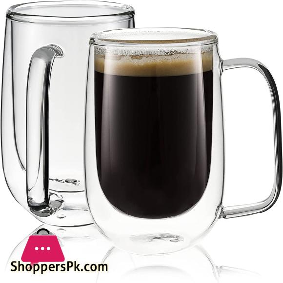 Double Wall Insulated Glasses Espresso Cups with Handle Heat Resistant Dishwasher Microwave Safe - 250ML