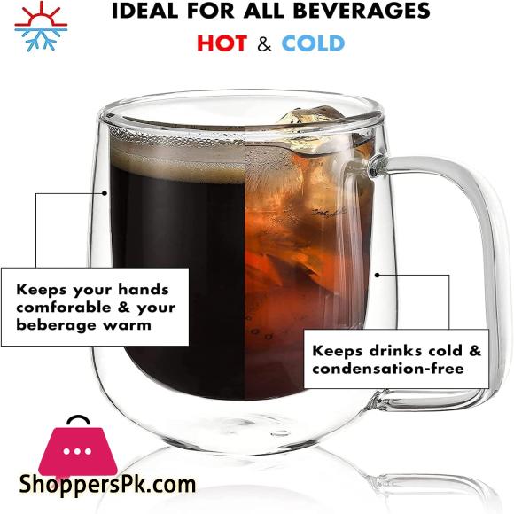 Double Wall Insulated Glasses Espresso Cups with Handle Heat Resistant Dishwasher Microwave Safe - 250ML