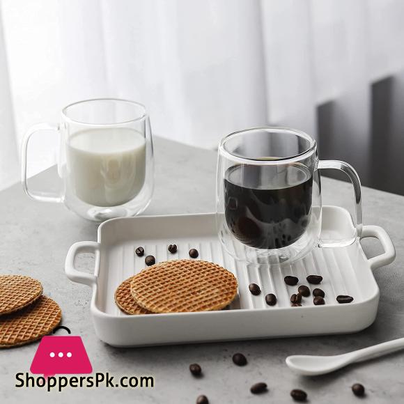 Double Wall Insulated Glasses Espresso Cups with Handle Heat Resistant Dishwasher Microwave Safe - 250ML