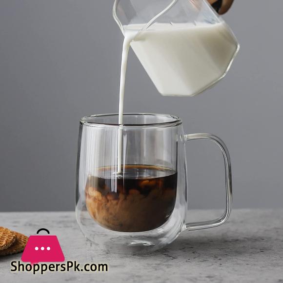 Double Wall Insulated Glasses Espresso Cups with Handle Heat Resistant Dishwasher Microwave Safe - 250ML