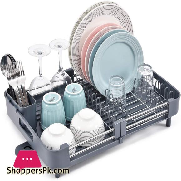 Expandable Dish Rack Foldable Stainless Steel Dish Drainers With Removable Cutlery Holder & Non-Scratch Plate Rack Adjustable Dish Drying Rack With Swivel Drainage Spout Grey