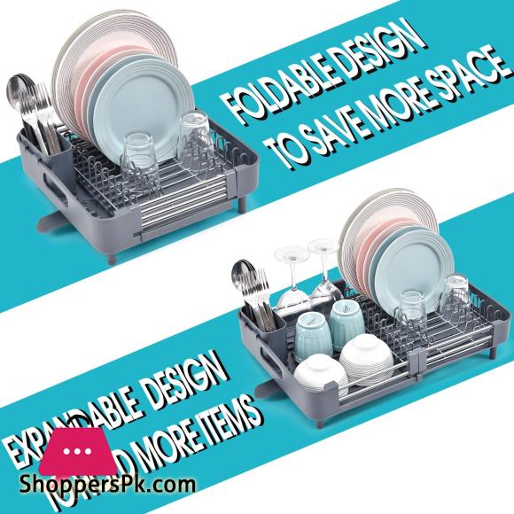 Expandable Dish Rack Foldable Stainless Steel Dish Drainers With Removable Cutlery Holder & Non-Scratch Plate Rack Adjustable Dish Drying Rack With Swivel Drainage Spout Grey