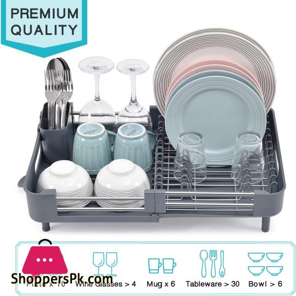Expandable Dish Rack Foldable Stainless Steel Dish Drainers With Removable Cutlery Holder & Non-Scratch Plate Rack Adjustable Dish Drying Rack With Swivel Drainage Spout Grey