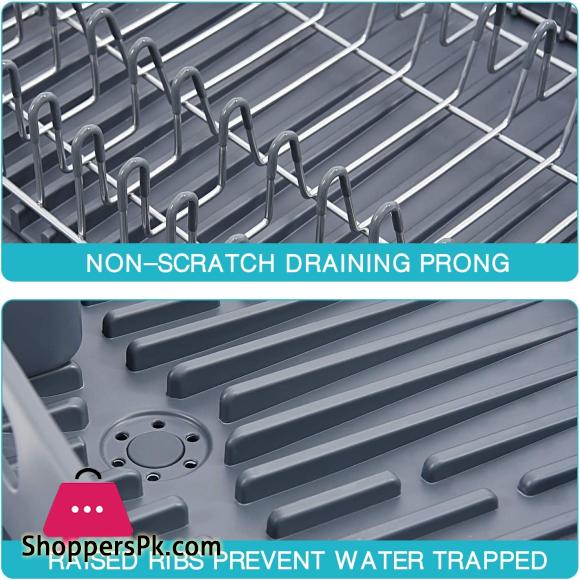 Expandable Dish Rack Foldable Stainless Steel Dish Drainers With Removable Cutlery Holder & Non-Scratch Plate Rack Adjustable Dish Drying Rack With Swivel Drainage Spout Grey