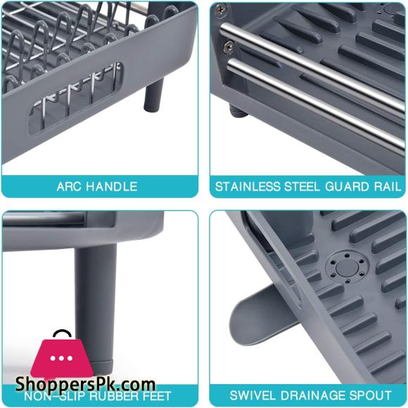 Expandable Dish Rack Foldable Stainless Steel Dish Drainers With Removable Cutlery Holder & Non-Scratch Plate Rack Adjustable Dish Drying Rack With Swivel Drainage Spout Grey