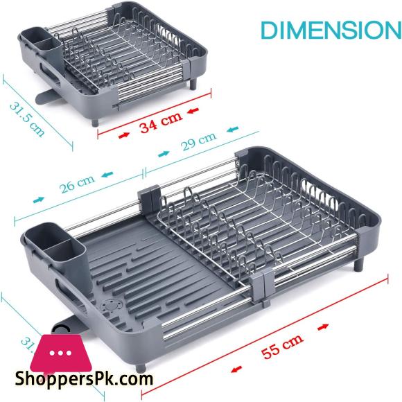 Expandable Dish Rack Foldable Stainless Steel Dish Drainers With Removable Cutlery Holder & Non-Scratch Plate Rack Adjustable Dish Drying Rack With Swivel Drainage Spout Grey