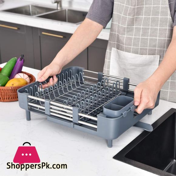 Expandable Dish Rack Foldable Stainless Steel Dish Drainers With Removable Cutlery Holder & Non-Scratch Plate Rack Adjustable Dish Drying Rack With Swivel Drainage Spout Grey