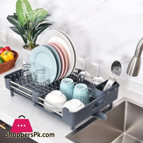 Expandable Dish Rack Foldable Stainless Steel Dish Drainers With Removable Cutlery Holder & Non-Scratch Plate Rack Adjustable Dish Drying Rack With Swivel Drainage Spout Grey