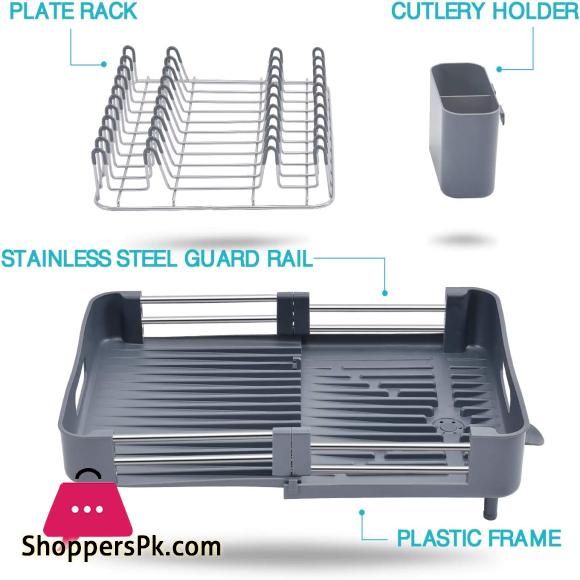 Expandable Dish Rack Foldable Stainless Steel Dish Drainers With Removable Cutlery Holder & Non-Scratch Plate Rack Adjustable Dish Drying Rack With Swivel Drainage Spout Grey