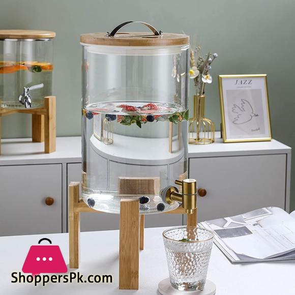 Glass Drink Dispenser with Spout Stainless Steel Beverage Dispenser with Stand for Parties Lemonade Stand for Tea Coffee Cold Milk Water Juice in Parties Offices Weddings - 5-Liter