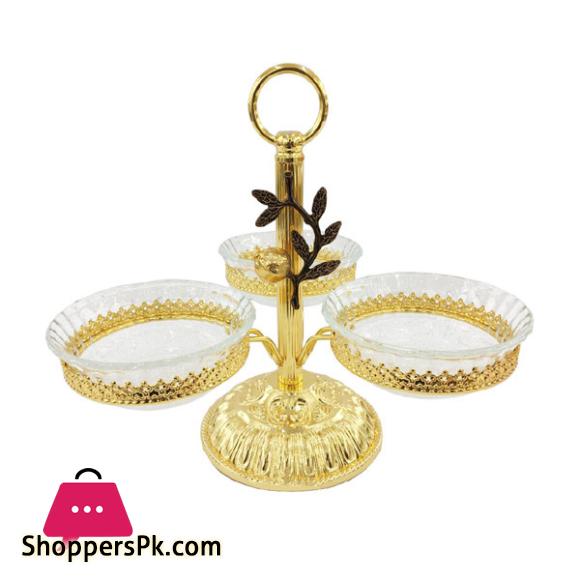 Orchid Gold Plated with 3 Layer Fruit Plate Glass Serving Pedestal Bowl - WB938