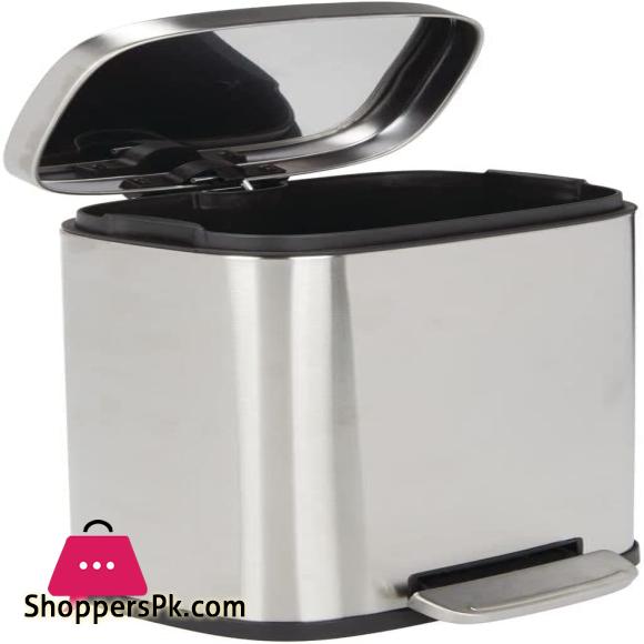 mDesign Pedal Bin Stainless Steel Metal Waste Bin with Pedal, Lid and Plastic Insert – Small Household Rubbish Bin for Bathroom and Kitchen or as Office Bin etc. – Silver – 5 Liter