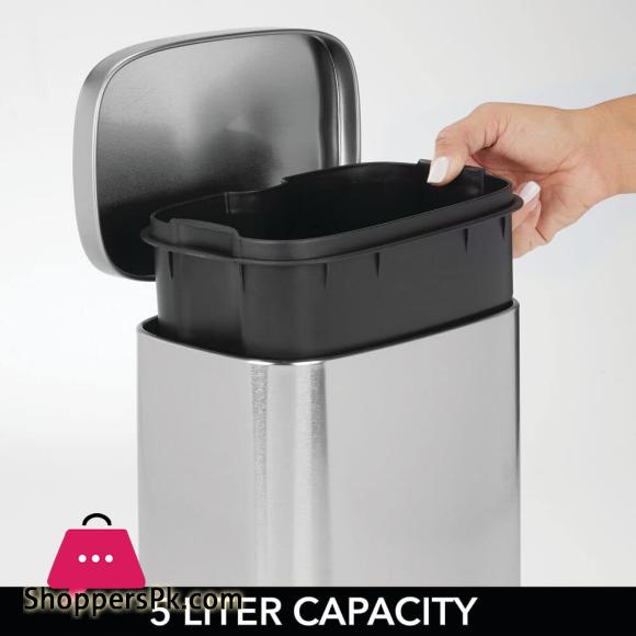 mDesign Pedal Bin Stainless Steel Metal Waste Bin with Pedal, Lid and Plastic Insert – Small Household Rubbish Bin for Bathroom and Kitchen or as Office Bin etc. – Silver – 5 Liter