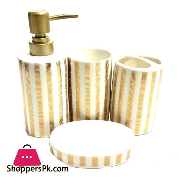 Amie-Naz Bathroom Set White and Gold Stripes Set of 4Pcs