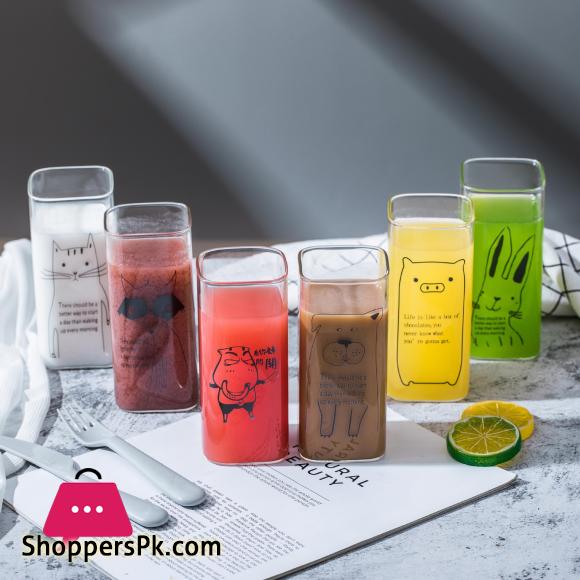 Cartoon Animal Milk Cup Transparent Borosilicate Square Glass Breakfast Juice Cups Heat resistant Glass with Wooden Airtight Lid and Glass Straw 400-ML