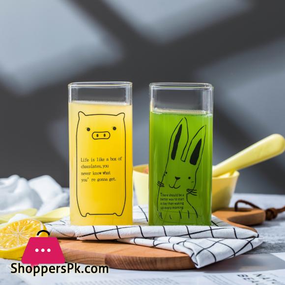 Cartoon Animal Milk Cup Transparent Borosilicate Square Glass Breakfast Juice Cups Heat resistant Glass with Wooden Airtight Lid and Glass Straw 400-ML