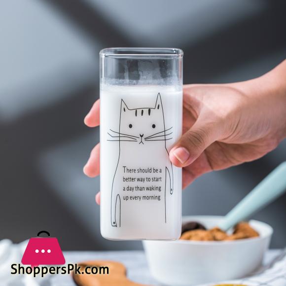 Cartoon Animal Milk Cup Transparent Borosilicate Square Glass Breakfast Juice Cups Heat resistant Glass with Wooden Airtight Lid and Glass Straw 400-ML