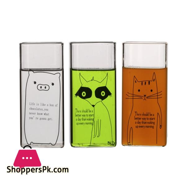 Cartoon Animal Milk Cup Transparent Borosilicate Square Glass Breakfast Juice Cups Heat resistant Glass with Wooden Airtight Lid and Glass Straw 400-ML