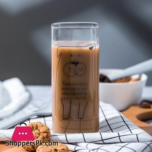 Cartoon Animal Milk Cup Transparent Borosilicate Square Glass Breakfast Juice Cups Heat resistant Glass with Wooden Airtight Lid and Glass Straw 400-ML