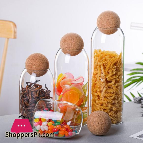 Japanese Style Elegant Wooden Ball Cork Lead Free Glass Storage Jar 1300ML