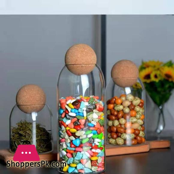 Japanese Style Elegant Wooden Ball Cork Lead Free Glass Storage Jar 1300ML