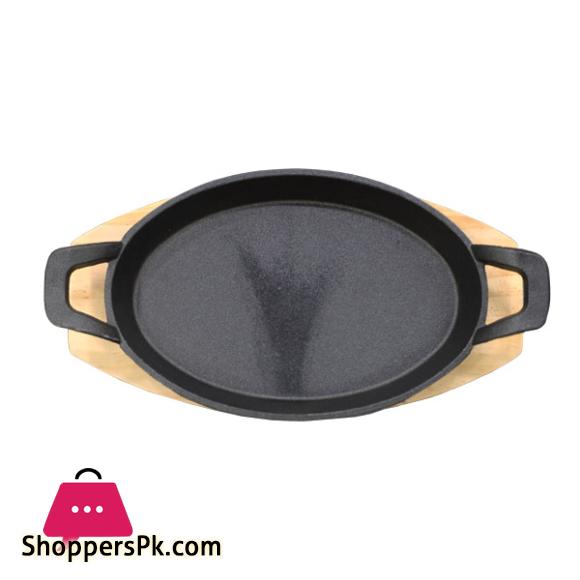 Oval Preseasoned Nonstick Cast Iron Fajita Skillet Sizzler Plate with Wooden Base Large 12 Inch S0009