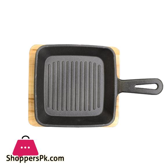 Square Cast Iron Plate Sizzler With Wooden Base 9 Inch QB122