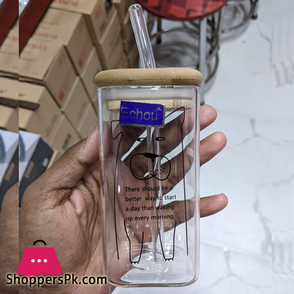 Cartoon Animal Milk Cup Transparent Borosilicate Square Glass Breakfast Juice Cups Heat resistant Glass with Wooden Airtight Lid and Glass Straw 300-ML