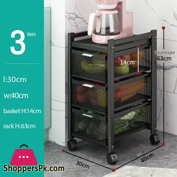Kitchen Rotating Trolley Portable Storage Rack Square Design Fruits & Vegetable Onion Basket Organizer Holder Stand for Kitchen - 3 Tier