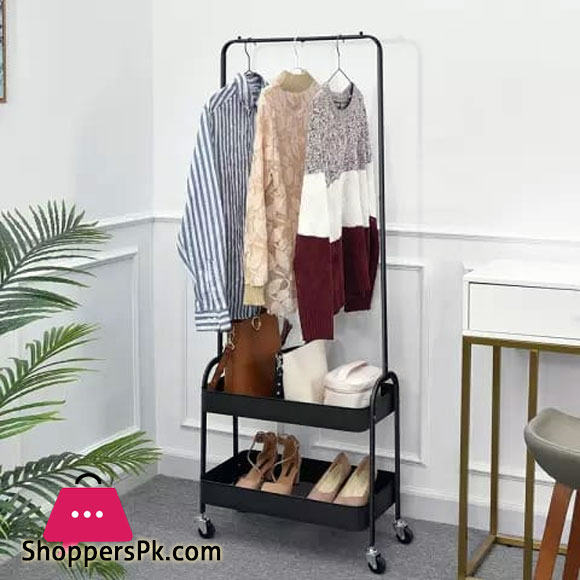 HALLSTAND 2 in 1 Garment Rack Clothing Rack with 2 Tier Metal Basket Rolling Storage Cart Clothes Organizer Coat Rack Storage Stand on Wheels for Home Bedroom Laundry Small Place Entryway Black