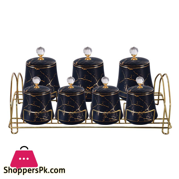 Ceramic Spice Jar Set Marble Design Diamond Top Gold Stand - JC566-002