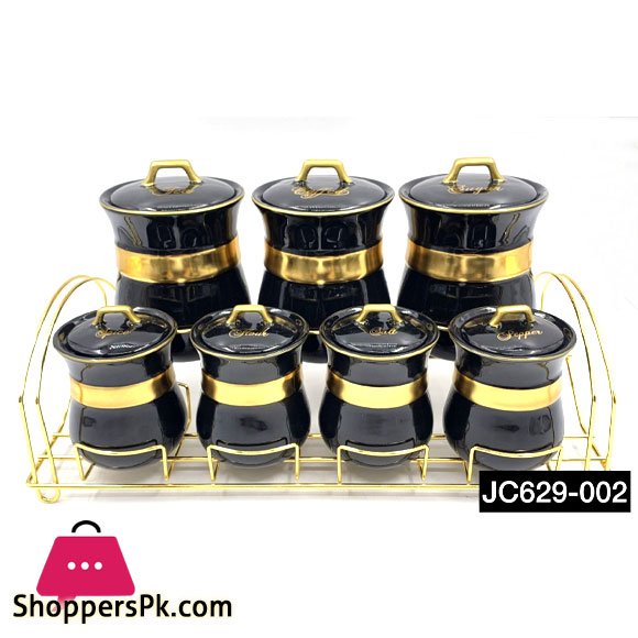 Ceramic Spice Jar Set Gold Rim Design Gold Stand - JC629-002