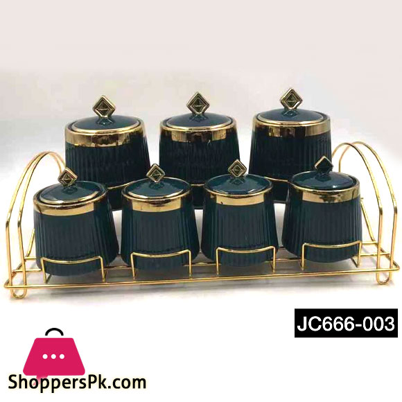 Ceramic Spice Jar Set Gold Stand - JC666-003