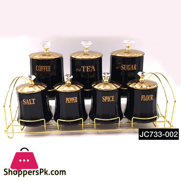 Ceramic Spice Jar Set Gold Rim With Diamond Top Design Gold Stand - JC733-002