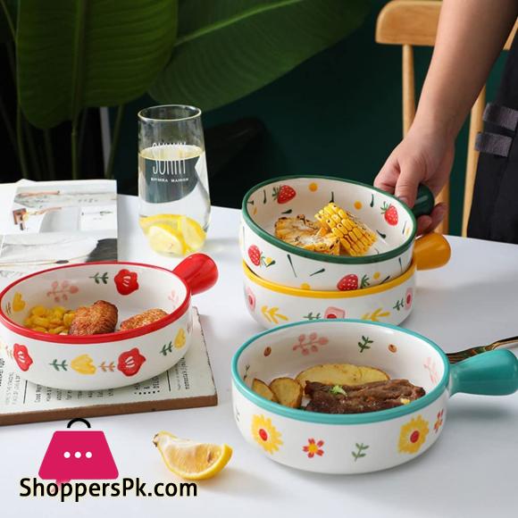 Colorful Round Ceramic Baking Dish With Single Handle Serving Dish