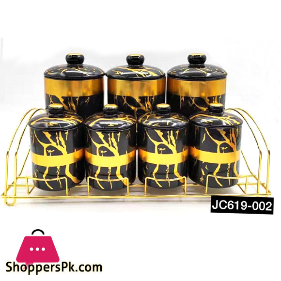 Ceramic Spice Jar Set Marble Design Gold Stand JC619-002