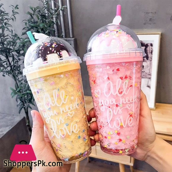 Cute Ice Cream Drinking Cup Straw Plastic Cup Colorful and Fun Design Favorite Gift Bottle for Girls and Kid - 600ML