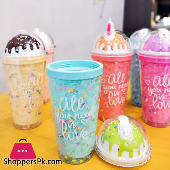 Cute Ice Cream Drinking Cup Straw Plastic Cup Colorful and Fun Design Favorite Gift Bottle for Girls and Kid - 600ML